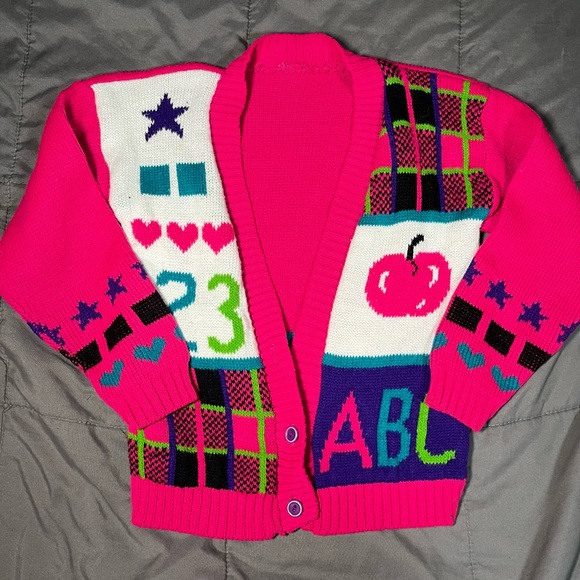 Vintage 80s Girls Pink Knit Cardigan Sweater Retro Novelty ABC 123 - Picture 1 of 6